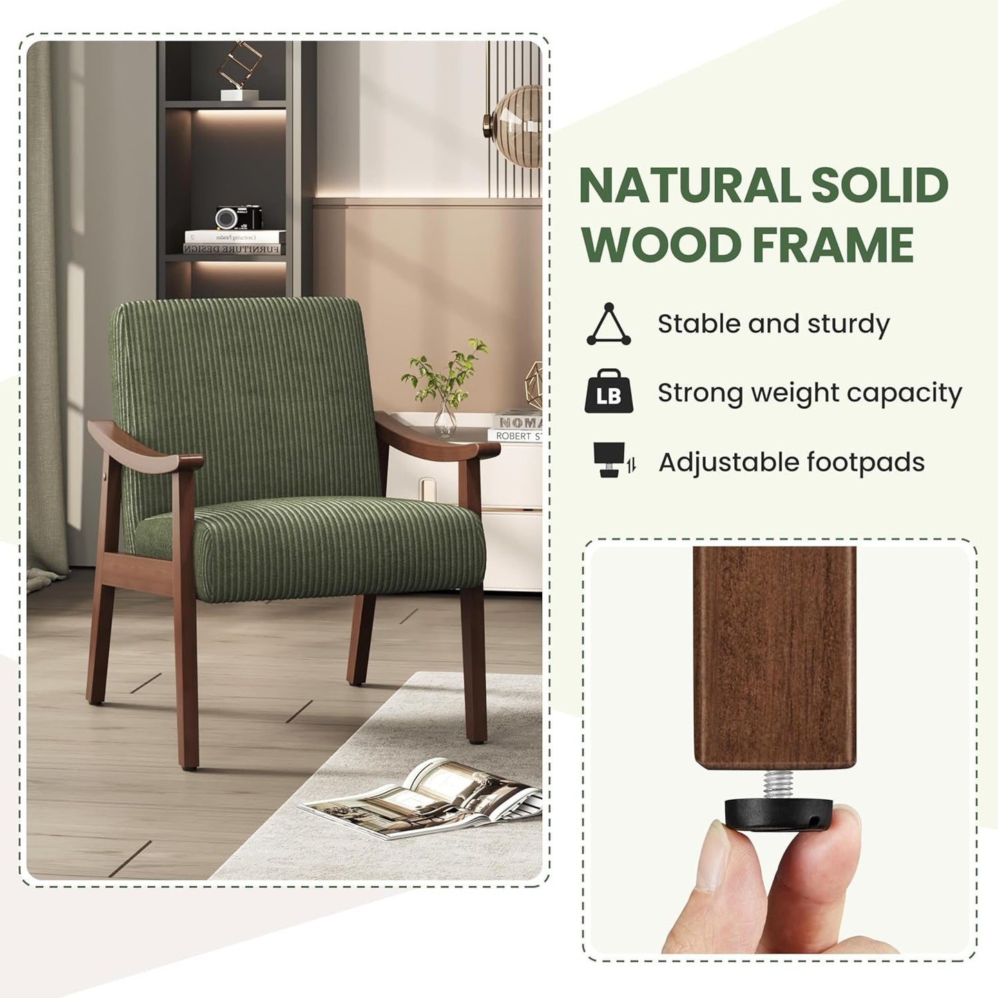 Dark Green Corduroy Armchair Mid Century Solid Wood