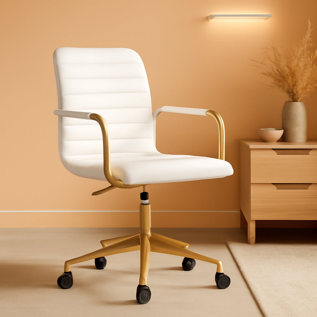 Taytum Swivel Task Chair White Faux Leather Brass Frame
