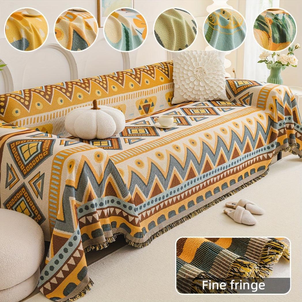 Boho Chic Double-sided Chenille Sofa Cover with Tassels - All-Season