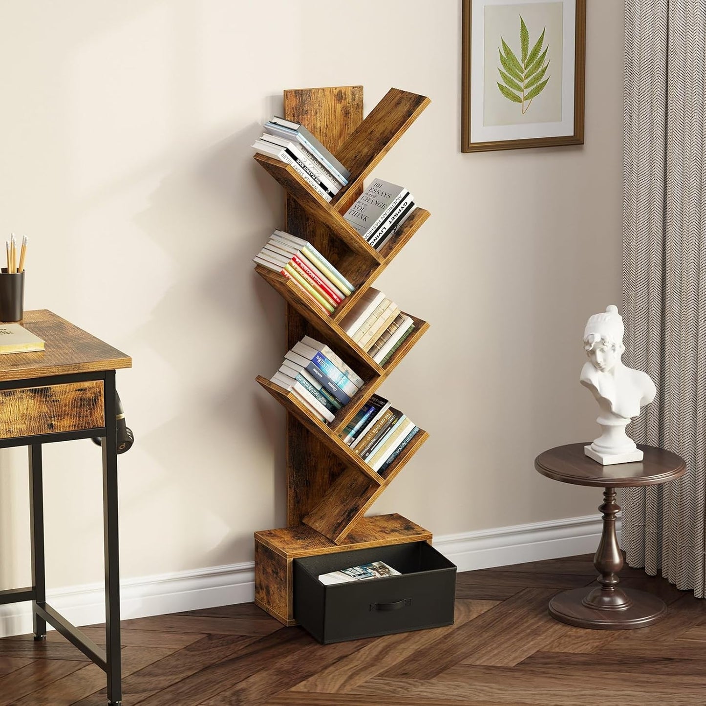 Rustic Brown 7 Shelf Tree Bookshelf With Drawer Living Room