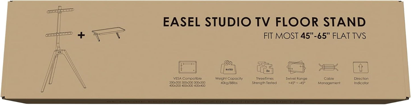Wood Easel TV Stand For 45 To 65 Inch TVs Walnut Floor