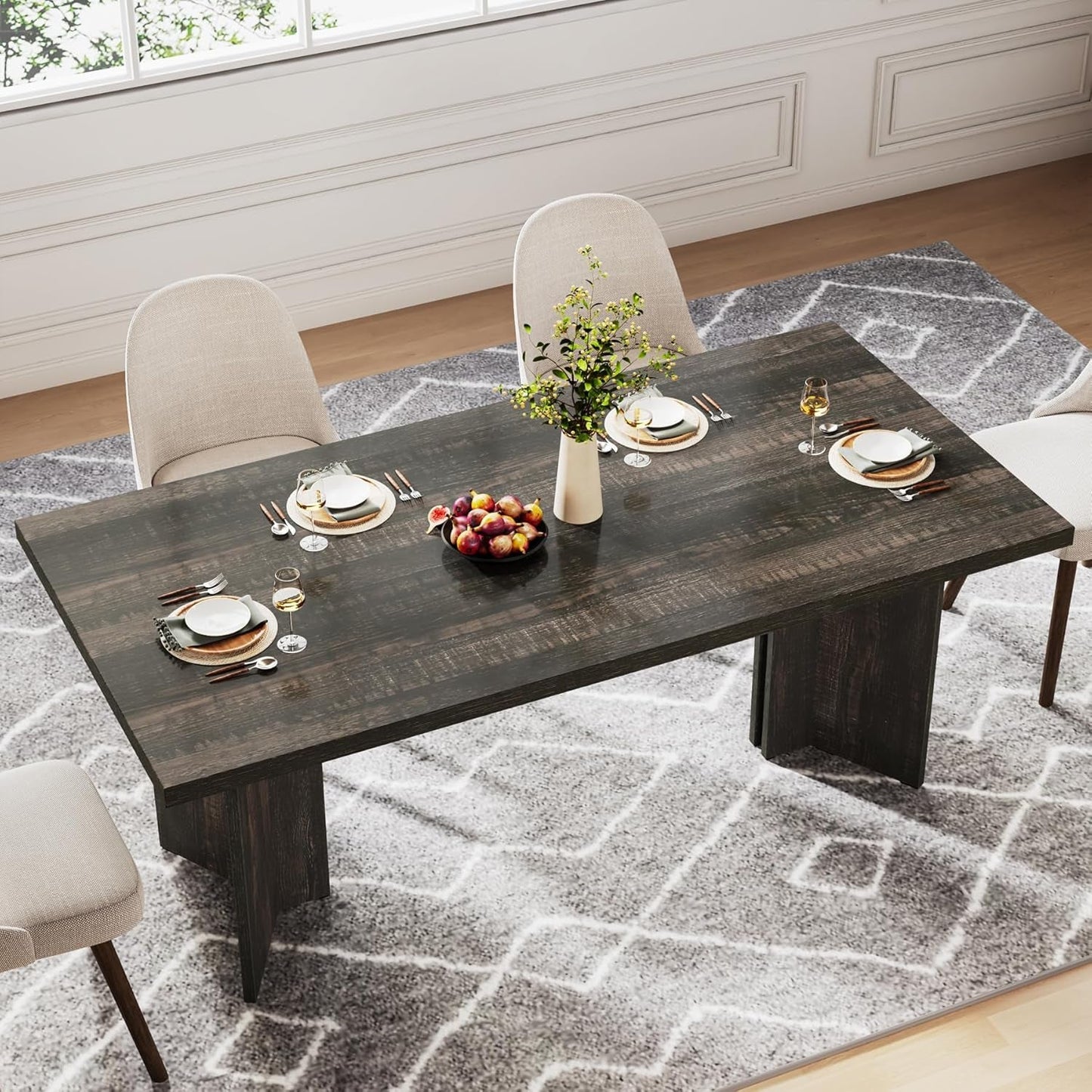 63 Inch Dark Gray Dining Table Farmhouse Rectangular