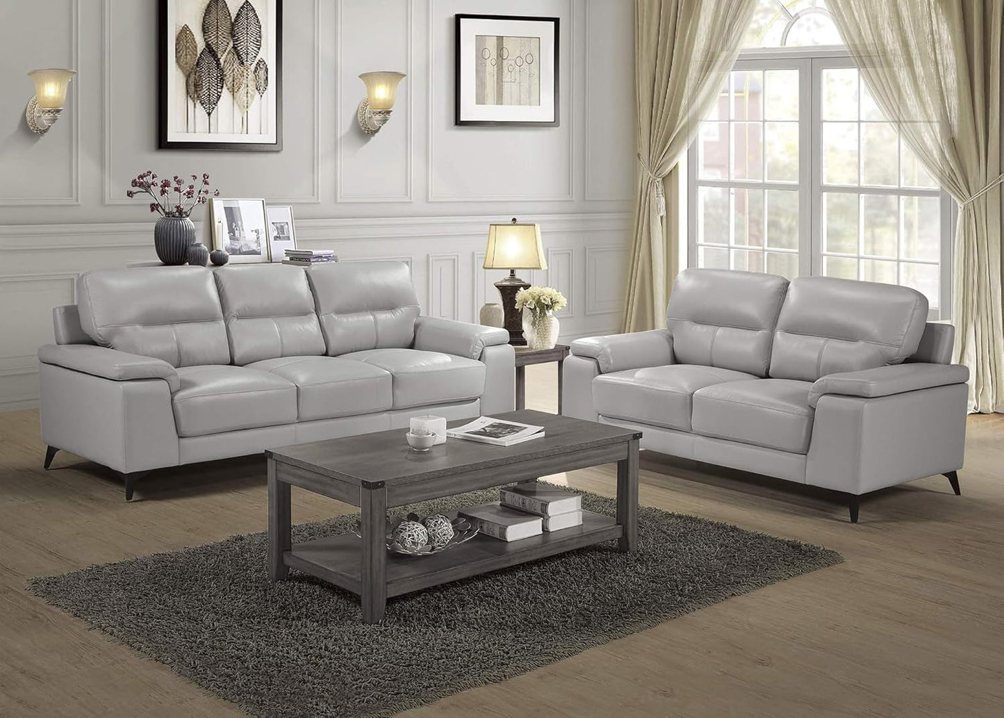 89 Inch Leather Sofa Silver Gray With Metal Legs Wood Frame