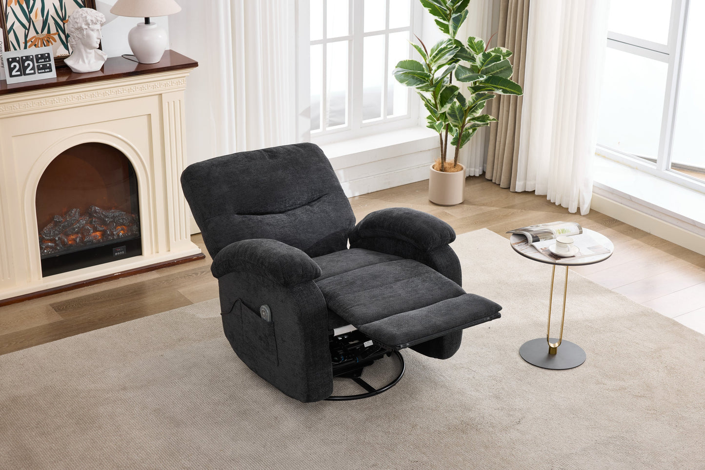 Hot massage manual lounge chair, with rocker arms and rotating fabric, with cup bucket, for living room, black