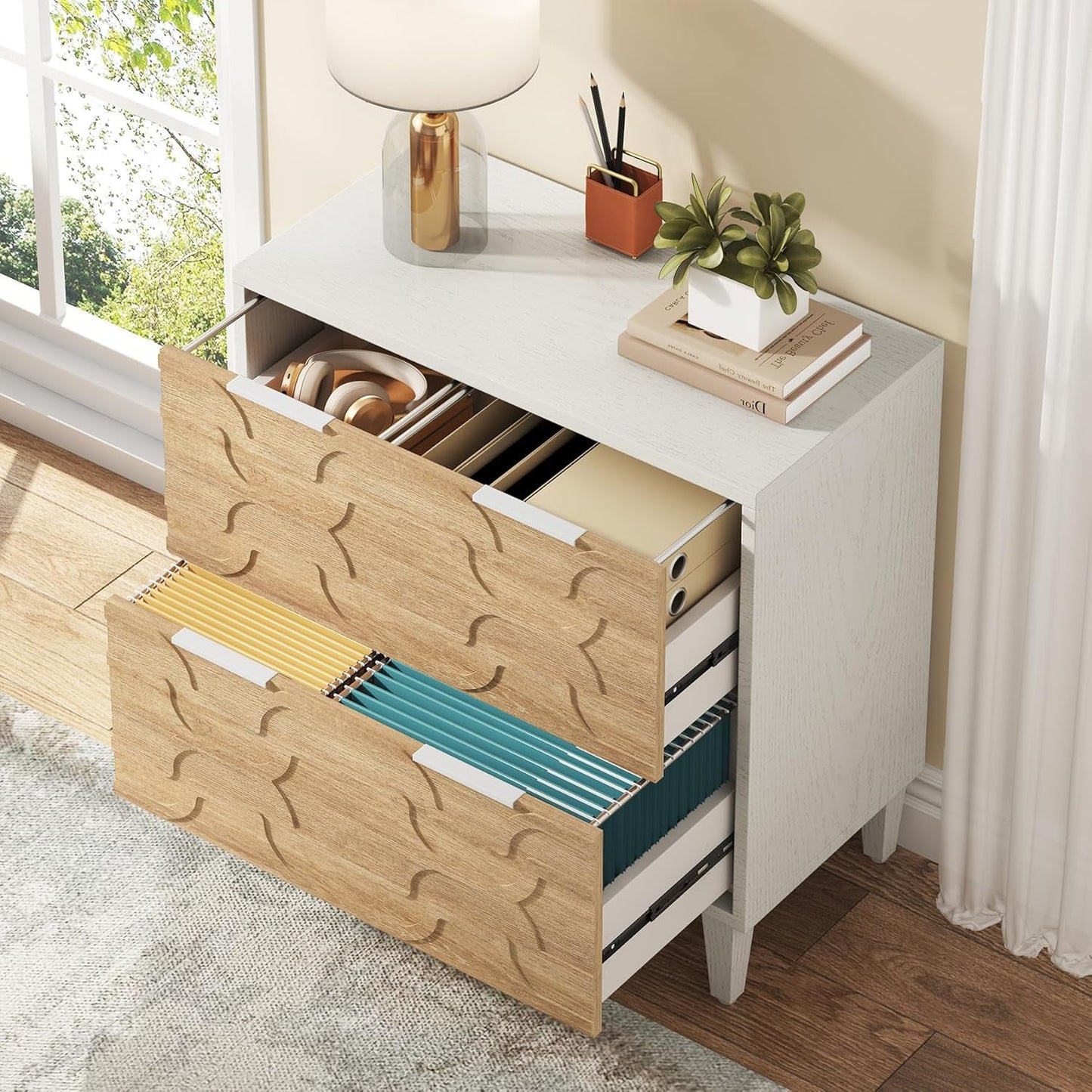 Two Drawer Lateral File Cabinet For A4 Letter And Legal Size Documents White And Walnut Printer Stand