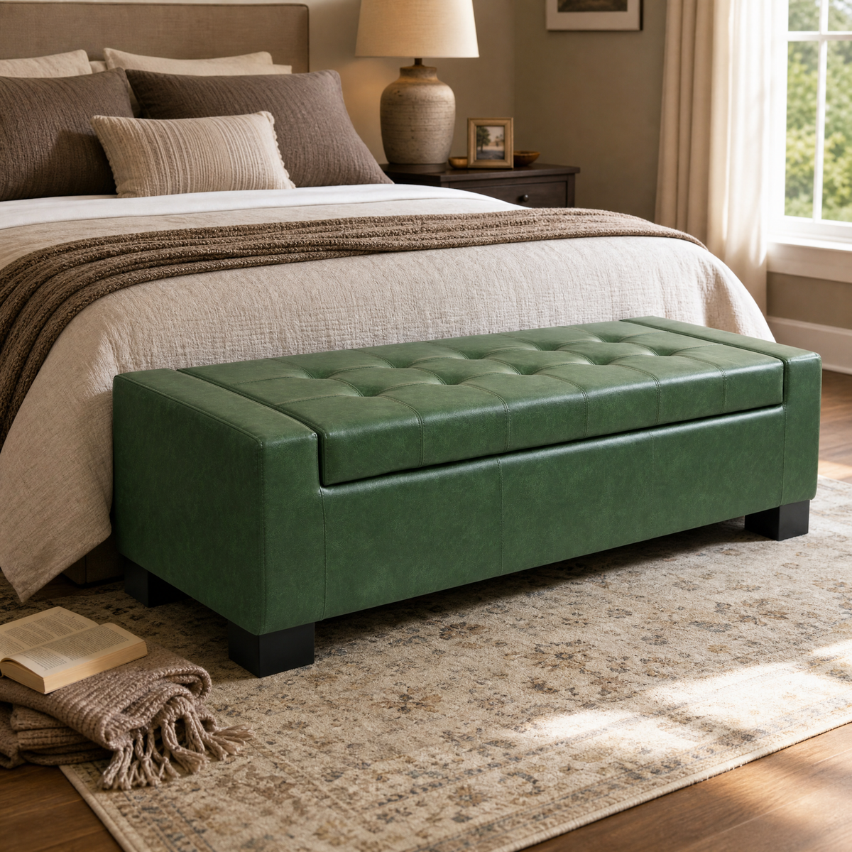 Green Storage Ottoman Bench with Solid Wood Legs