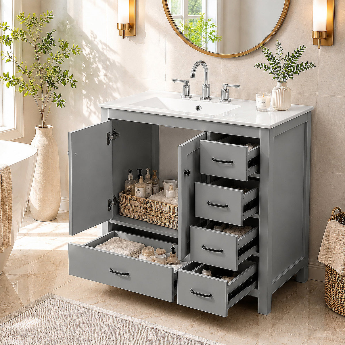 36" Gray Bathroom Vanity with Ceramic Sink