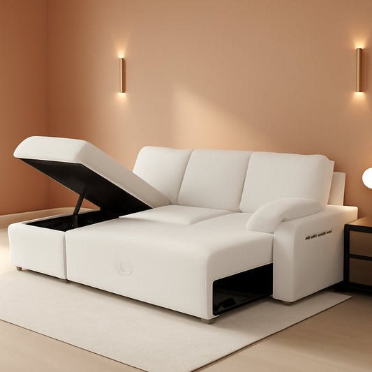 Sleeper Sofa Bed With Storage Chaise In White Boucle
