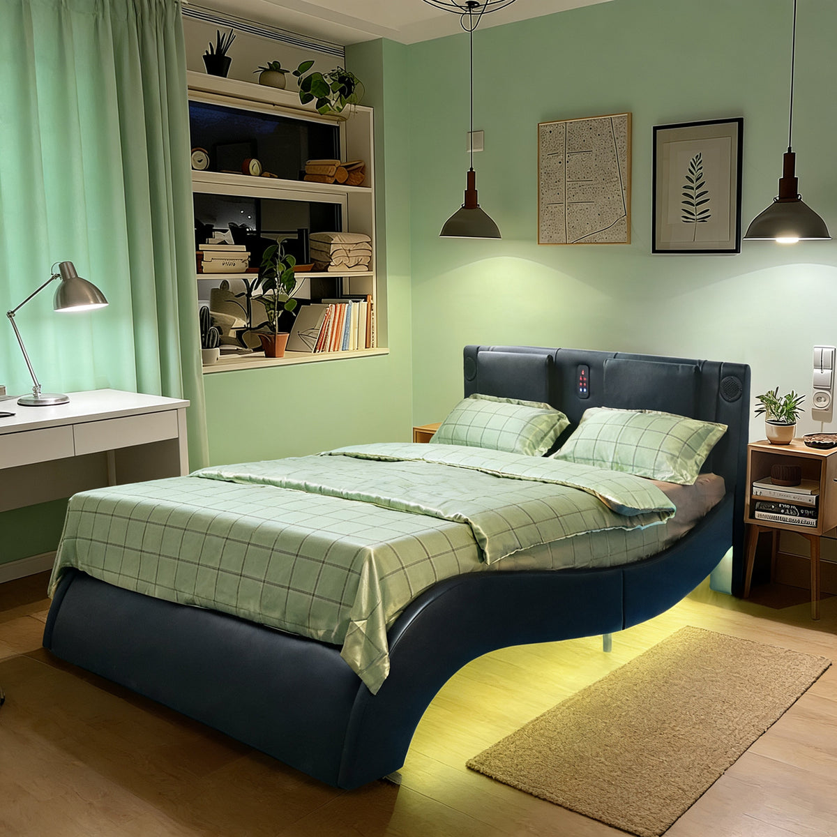Faux Leather Upholstered Platform Bed Frame with LED Lighting