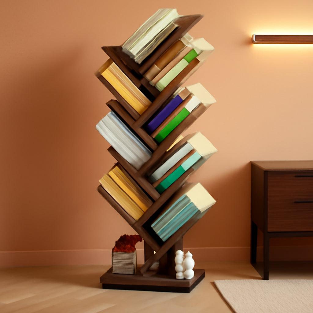 8 Tier Tree Bookshelf Floor Standing Bookcase For Books CDs Rustic Wood