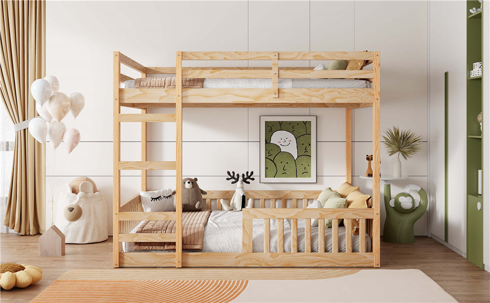 Full Over Full Wood Bunk Bed with Ladder and Guardrails