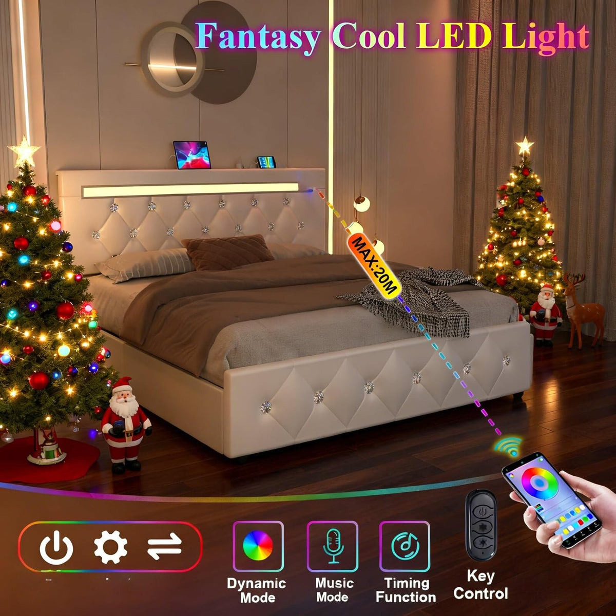 Full Size Bed Frame With LED Light And 4 Storage Drawers