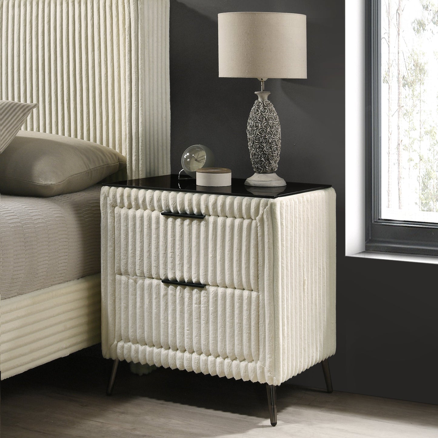 Mavela Wide Wale Corduroy Upholstery Panel Queen Bed with 2 Nightstands, Cream