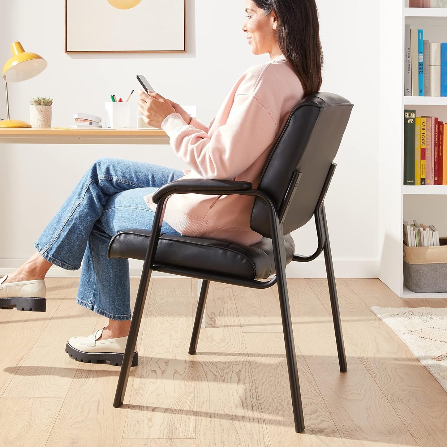 Black Faux Leather Office Guest Chair With Metal Frame