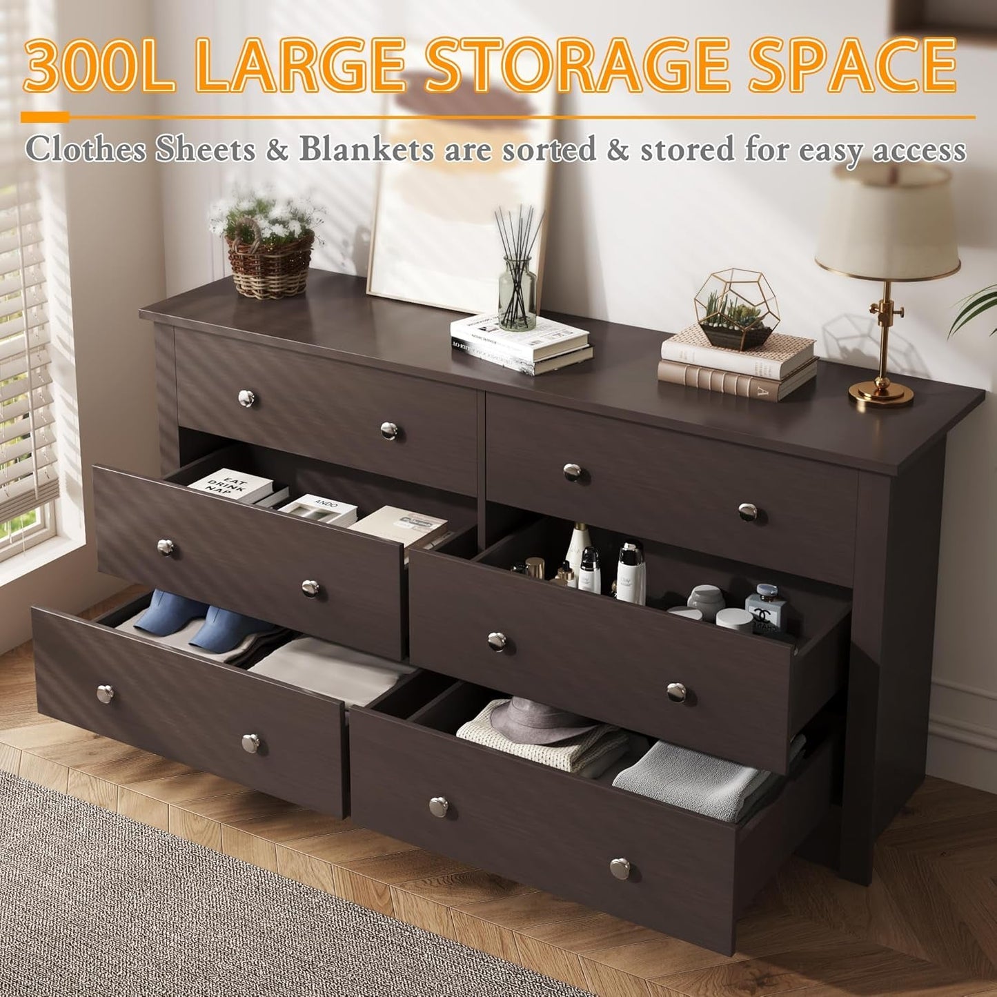 6 Drawer Dresser And TV Stand For 65 Inch TV Brown