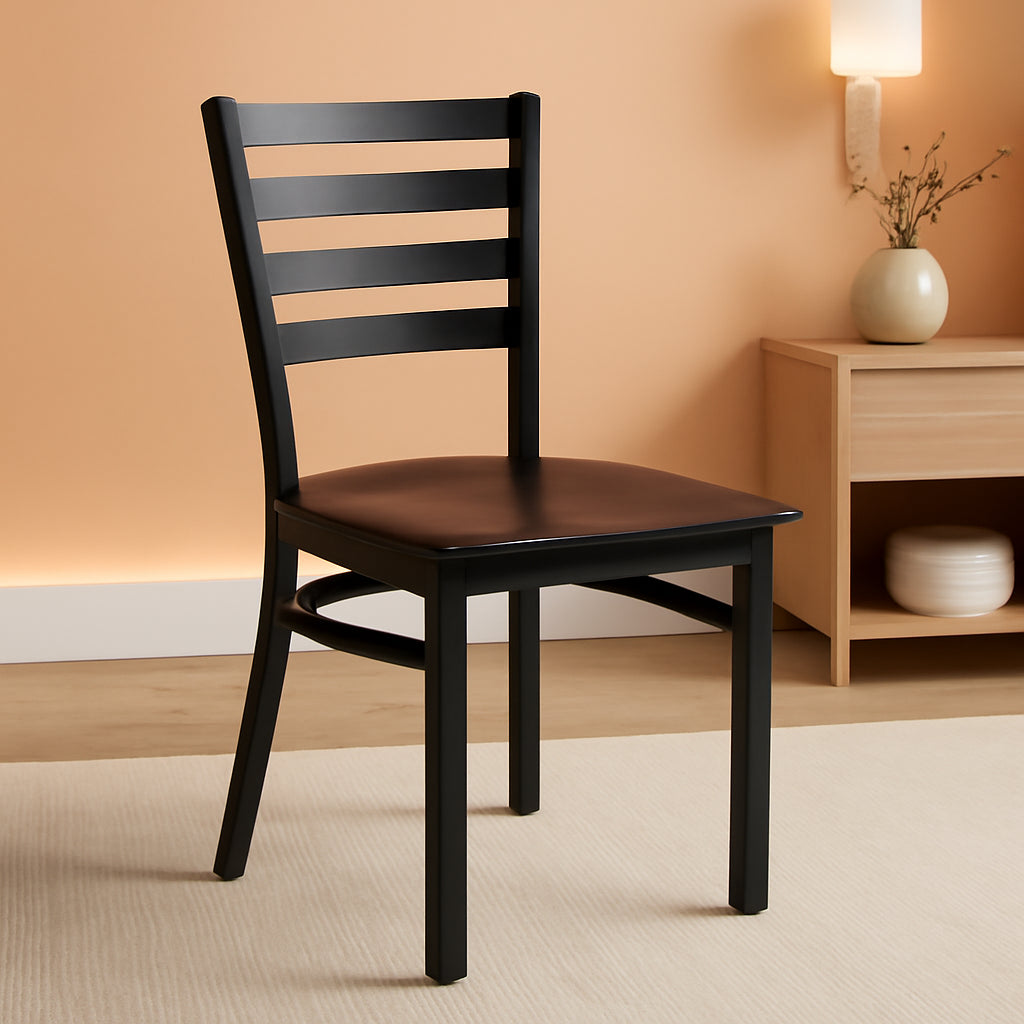 Two Pack Hercules Series Black Ladder Back Metal Restaurant Chairs With Walnut Wood Seats