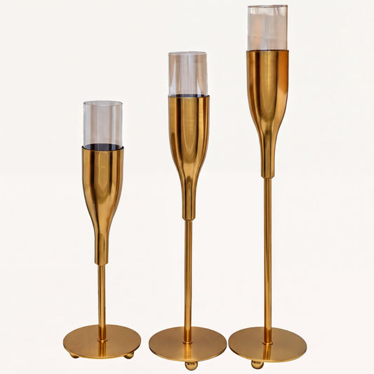 Gold Candle Holder - Wine Glass Flute Set of 3 Elegant Indoor Decor