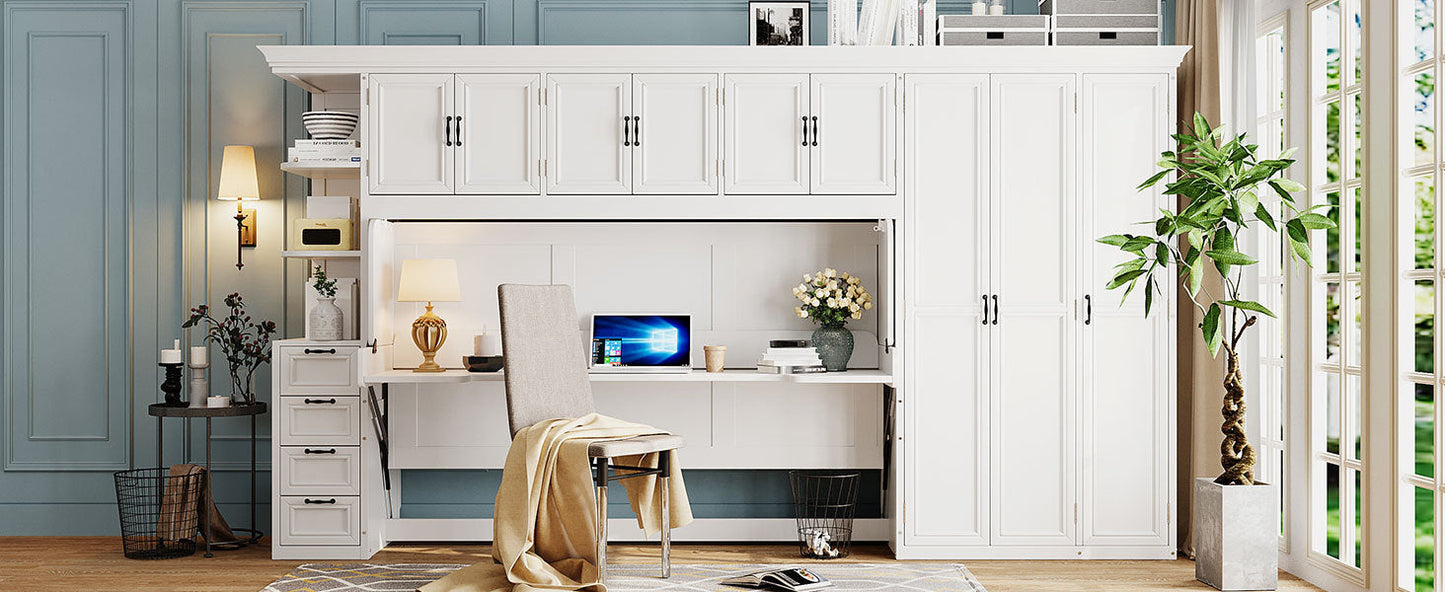 Twin Size Murphy Bed Wall Bed with Wardrobe, Cabinet and Desk, White