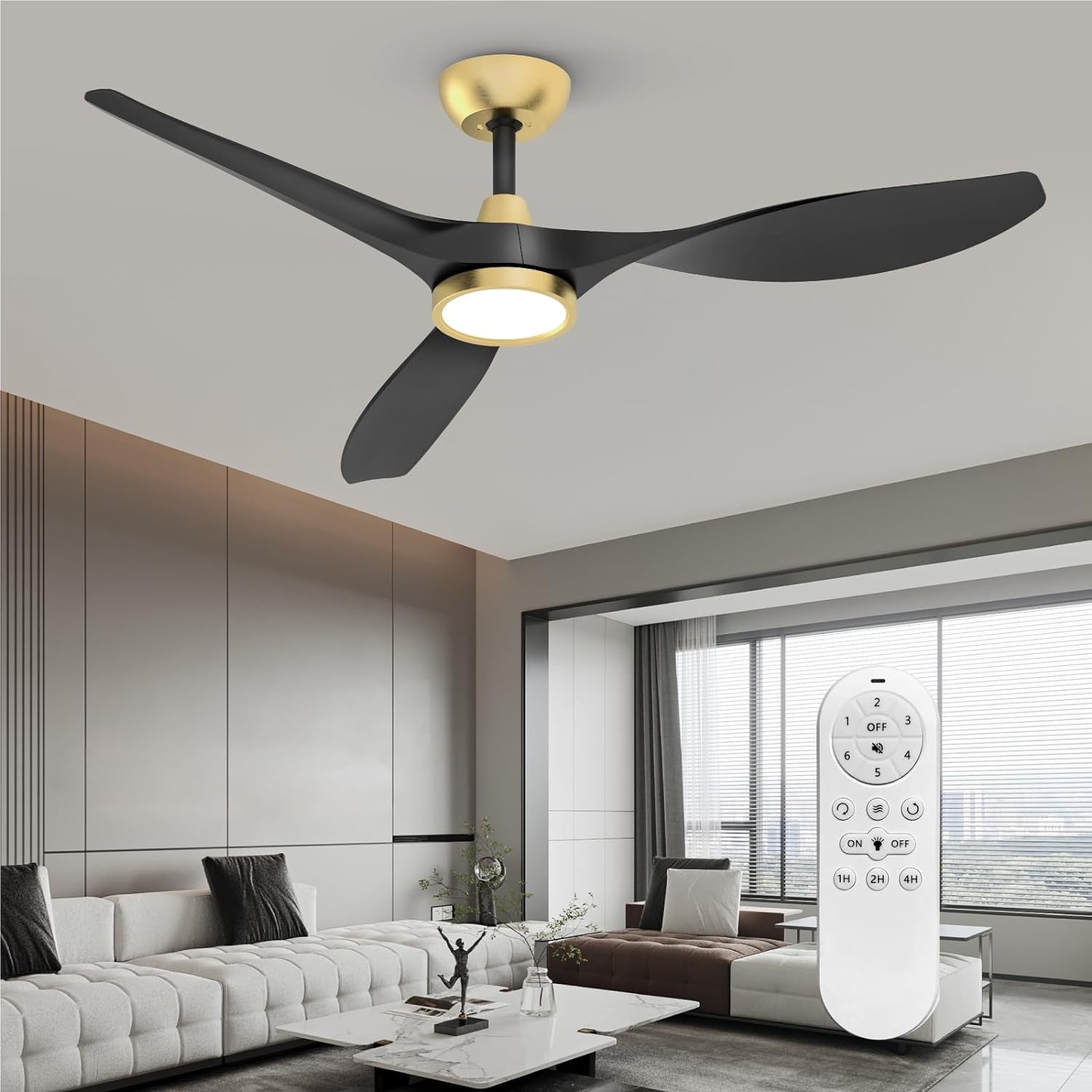 52 Inch Black Gold Indoor Ceiling Fan With LED Light in a modern living room with remote control.