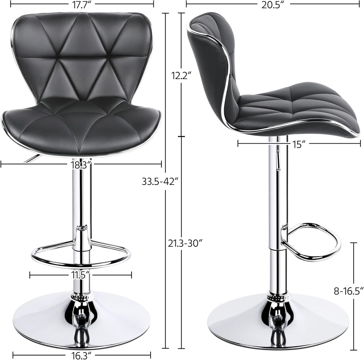 Grey Adjustable PU Leather Swivel Bar Stools Set of 2, Counter Height