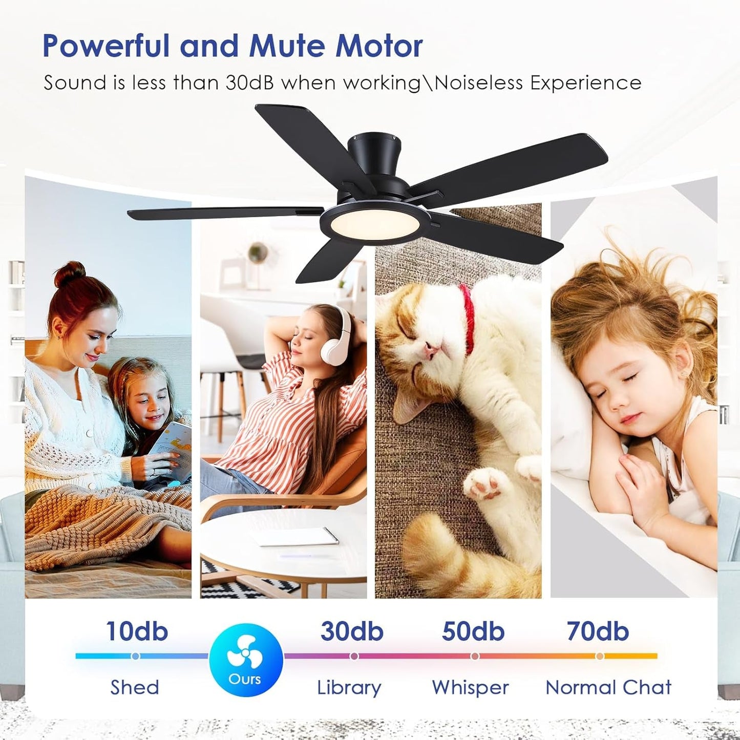 52 Inch Black Flush Mount Ceiling Fan RGB LED Light