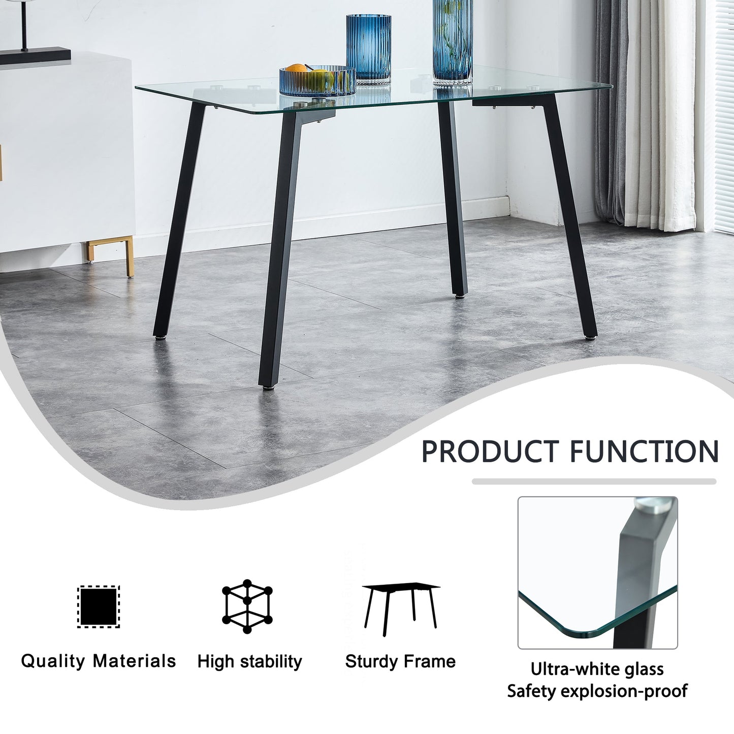 Modern Minimalist Rectangular Glass Dining Table with 0.31' Tempered Glass Tabletop and Black Coating Metal Legs, Writing Table Desk, for Kitchen Dining Living Room, 51' W x 31'D x 30' H.W1151S01839