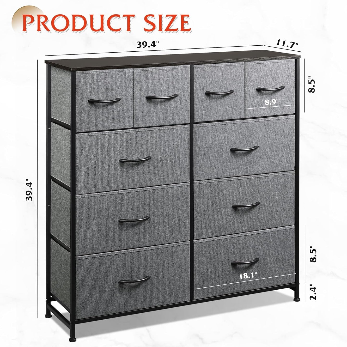 Dark Grey Fabric Dresser With 10 Drawers For Bedroom