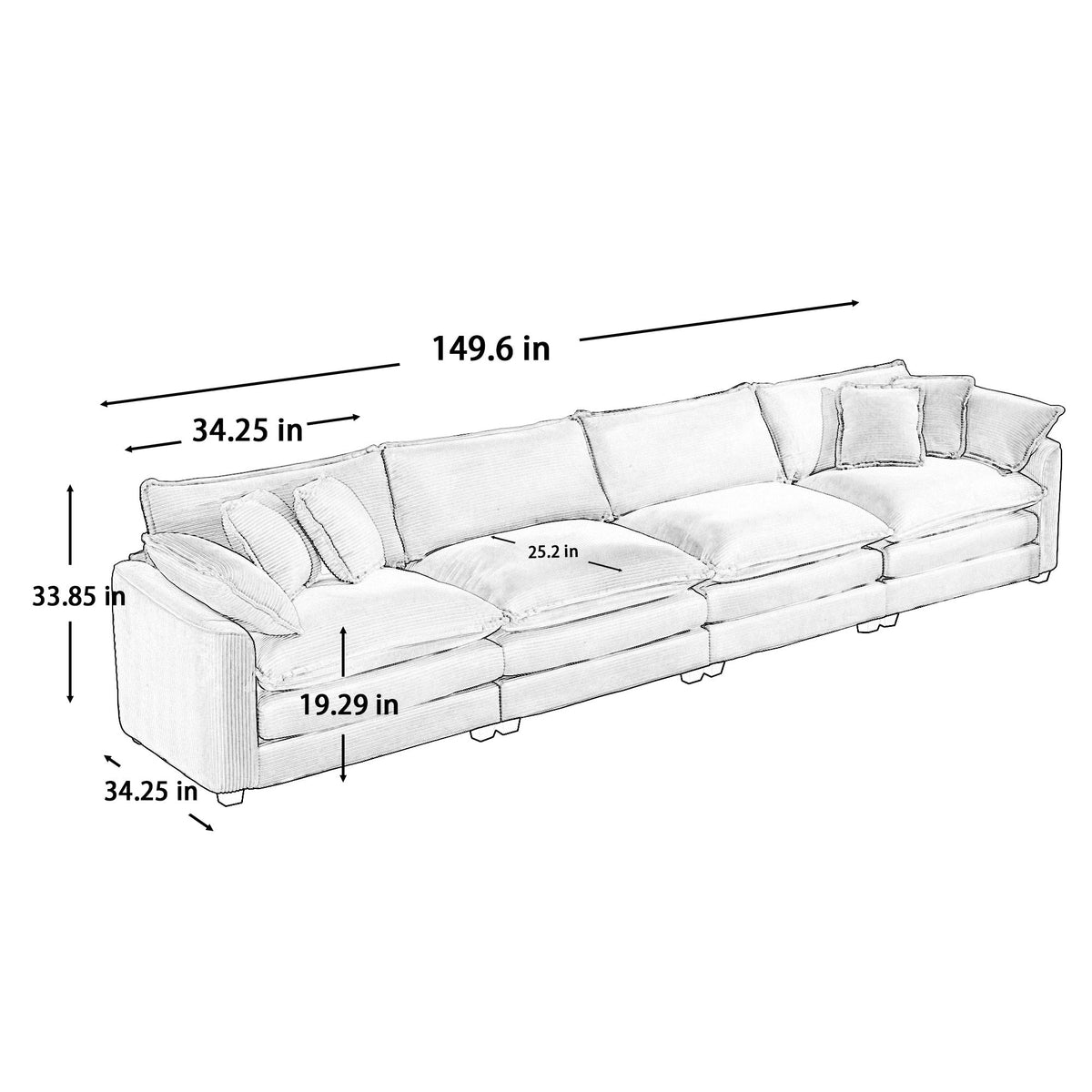 Modern Upholstered 4-Seater Corduroy Sofa