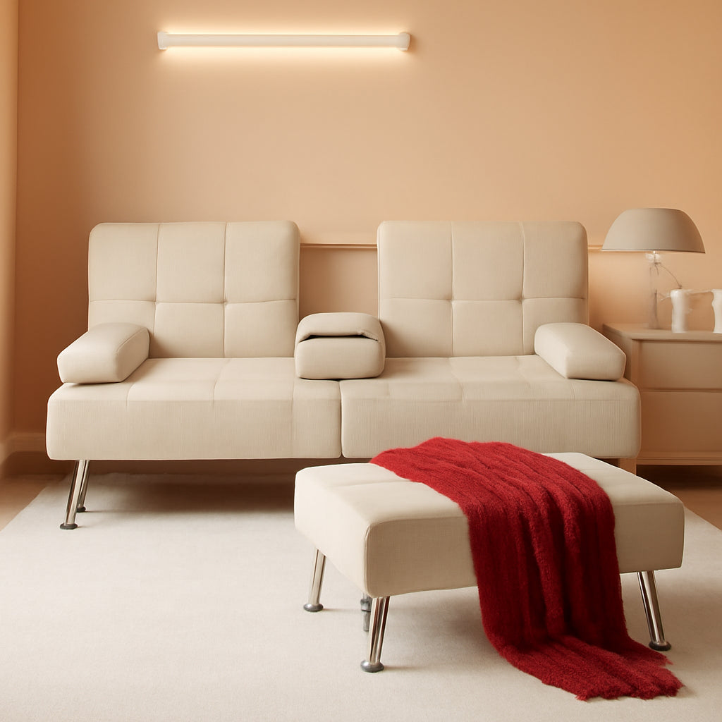 Beige Linen Folding Futon With Three Position Recline