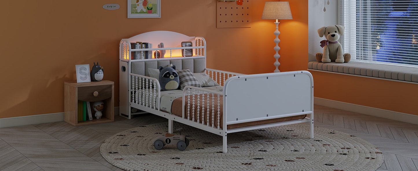 Twin Size Metal Platform Bed Frame with Light, Kids Twin Metal Bed with Upholstered and Pull Out Storage Shelves, White (Expect Arrival Date 2025/10/5)