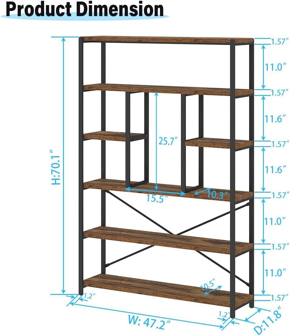 Rustic Industrial 6 Tier Bookcase Brown Wood Black Metal