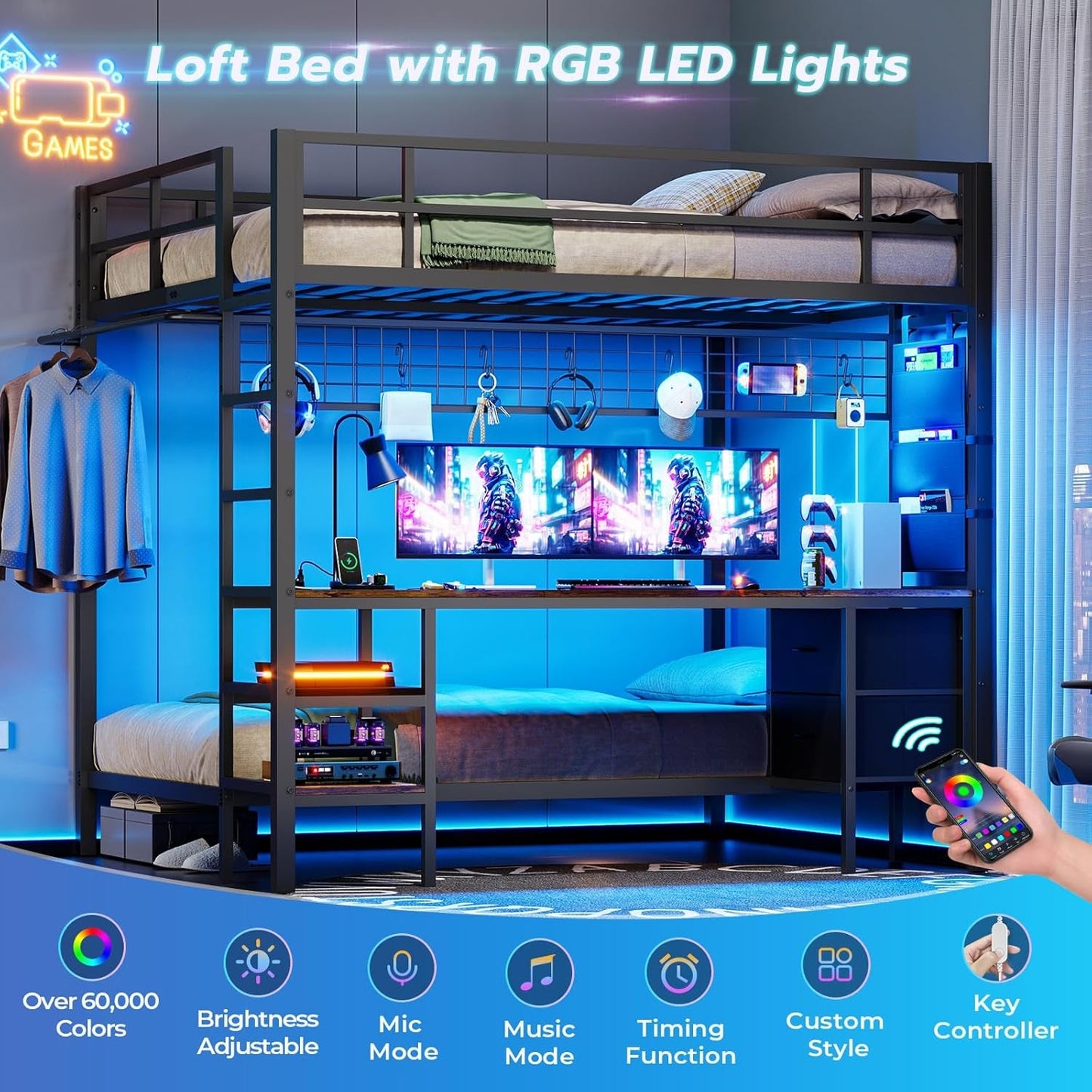 Black Full Over Twin Metal Bunk Bed With Desk LED Lights