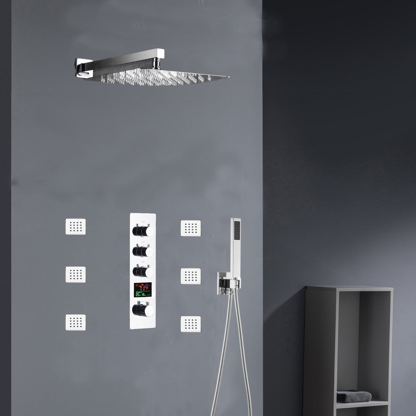 Chrome 12inch LED light or 6 inch regular head Wall mount 3 way thermostatic shower faucet with 6 body jets and sliding bar