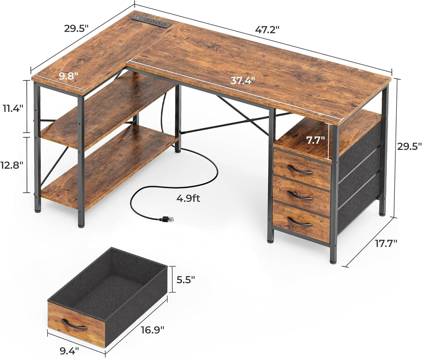 L Shaped Desk 47 Inch With Power Outlets For Home Office