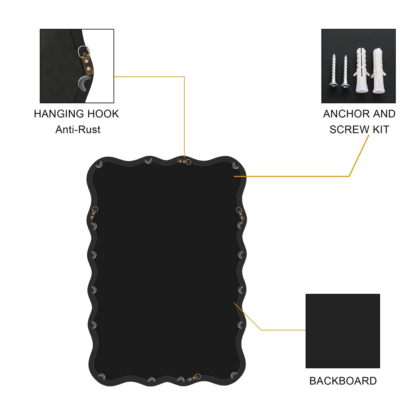 Solid Wood Wavy Rectangle Mirror-Black 40" x 28" Modern Mirror Wall Decor for Bathroom, Bedroom, Living Room, Dining Room, Cloakroom, Entryway