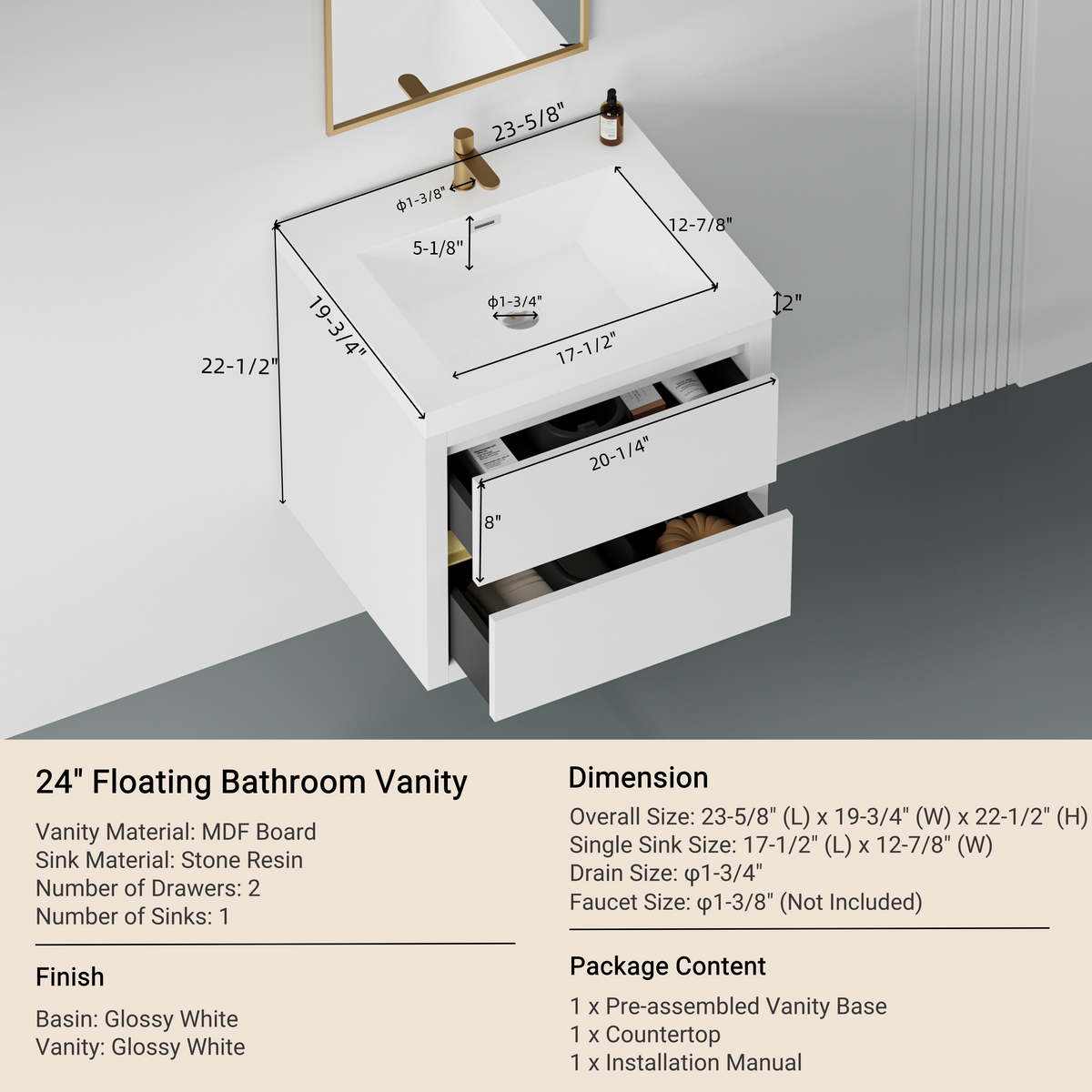 24" Wall-Mounted Bathroom Vanity with Sink