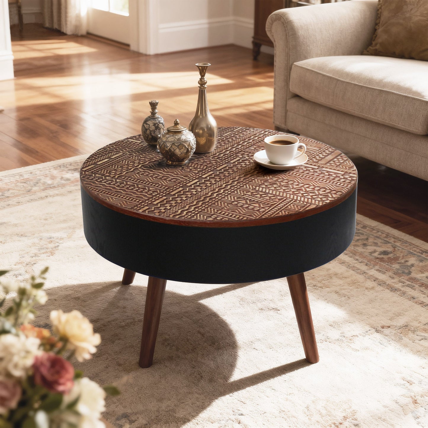 31.5" Round Carved Coffee Table with Storage Space