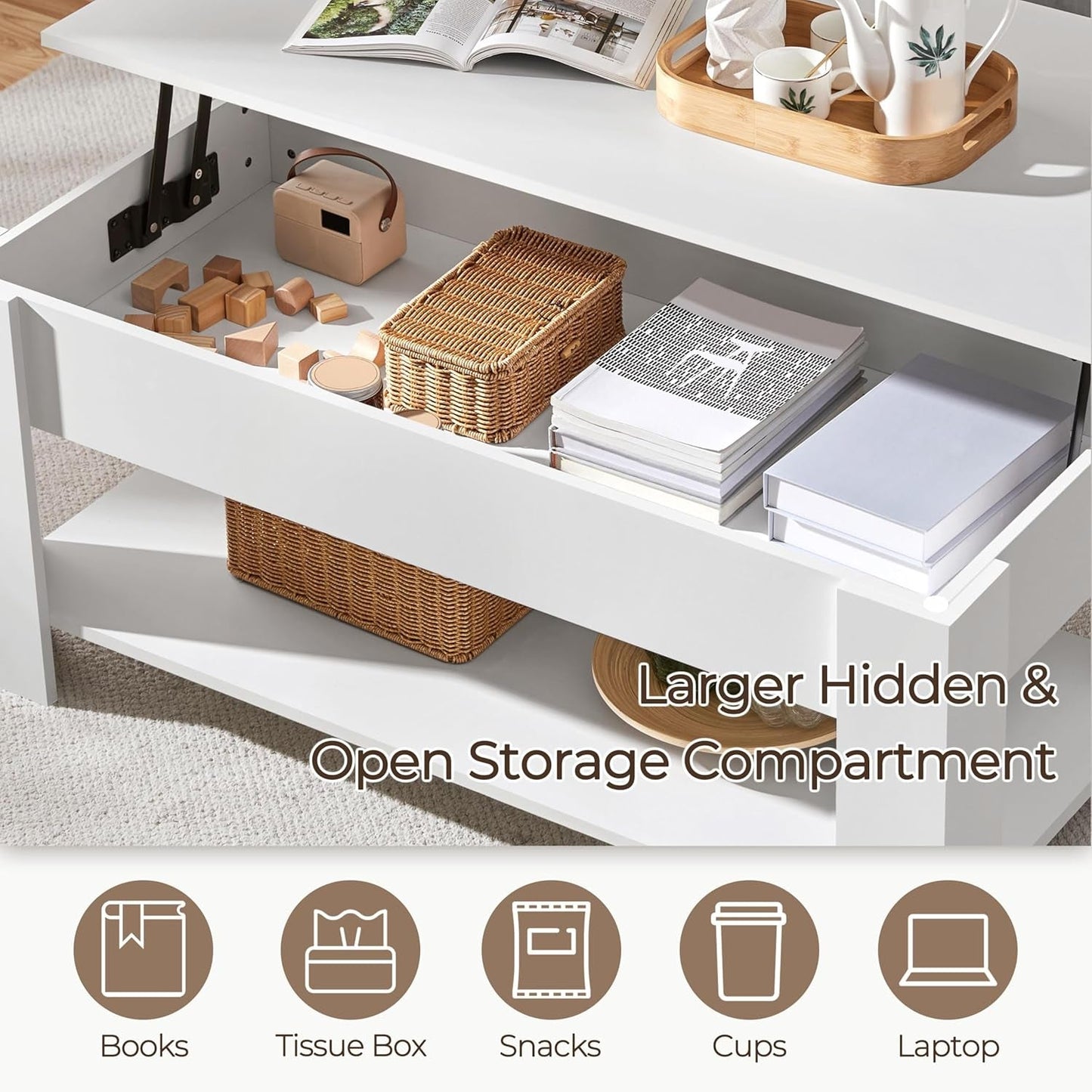 Lift Top Coffee Table With Hidden Compartment And White Finish