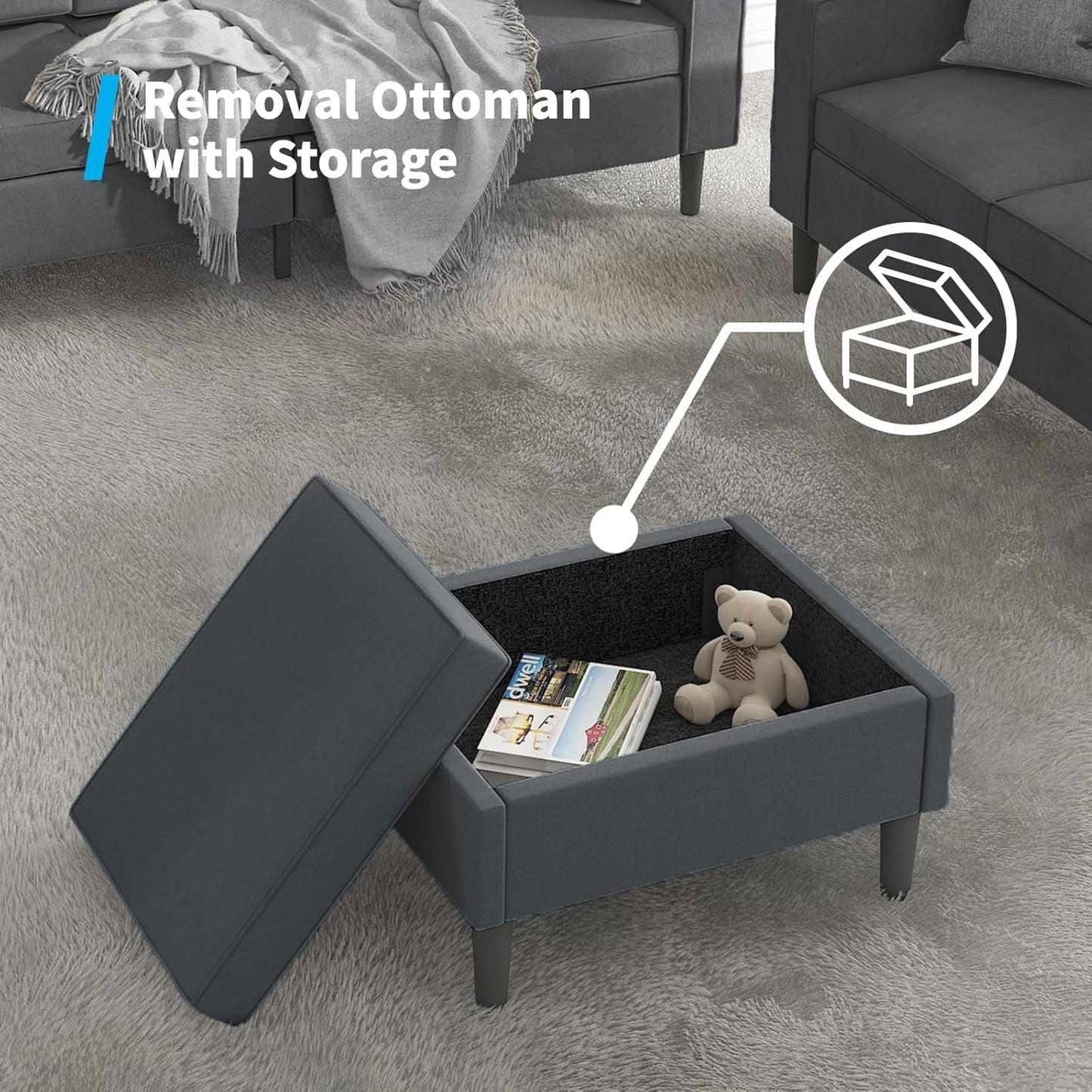 Dark Grey Convertible Sectional Sofa With Storage Ottoman