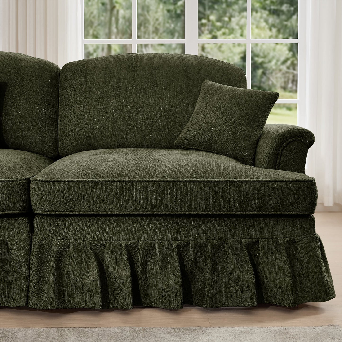 Classic Three Seater Modular L Shaped Sectional Couch with Flared Arms and Removable Ruffles Pleats Skirts and Spindle Legs, Comfy Chenille Four-Seat Deep Seat Sofa with Movable Ottoman, Green