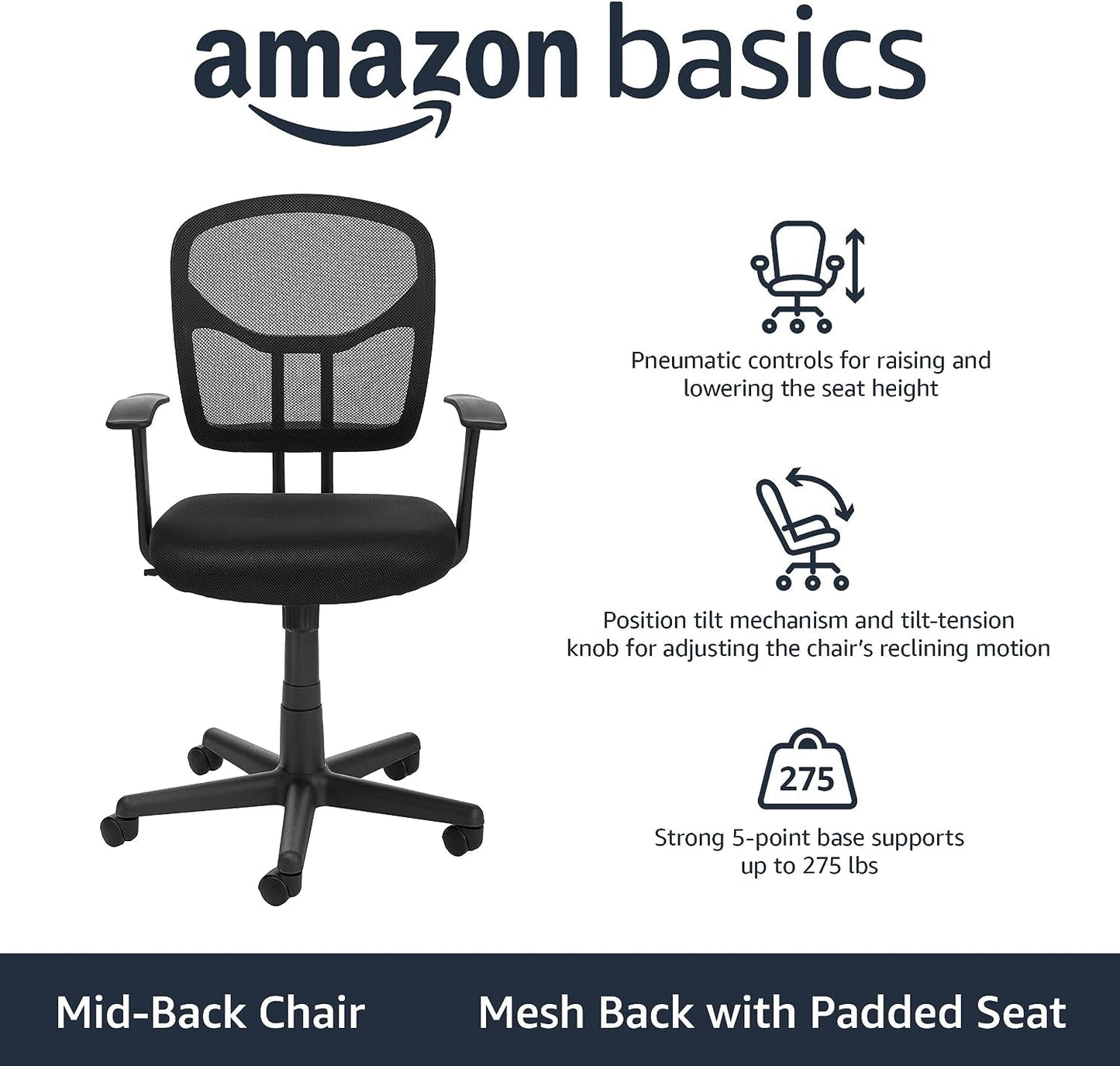 Mesh Mid Back Office Chair With Adjustable Height And 360 Degree Swivel Black