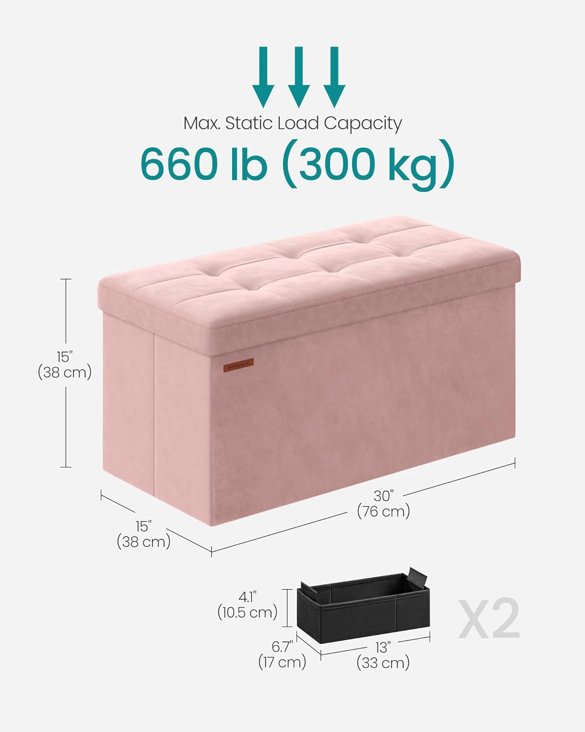 Pink Foldable Storage Ottoman Bench 15x30x15