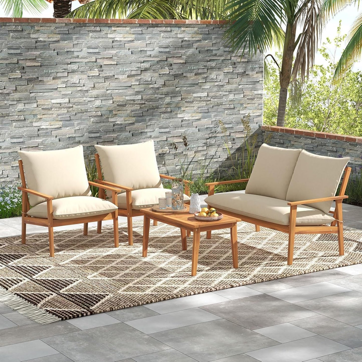 Outdoor Acacia Wood Patio Set With Cushions And Coffee Table