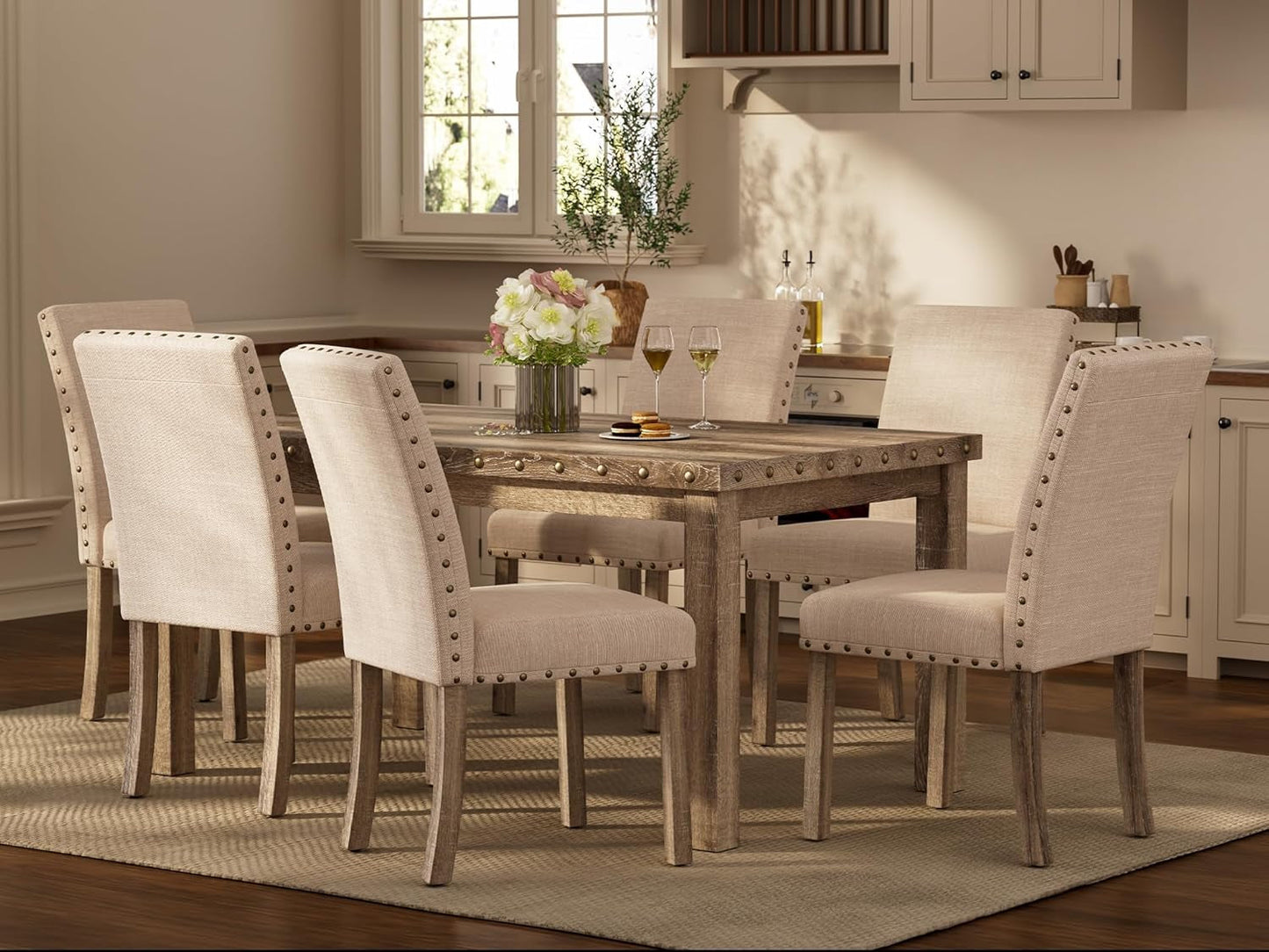 Rustic Dining Table Set Six NailheadAccents Chairs
