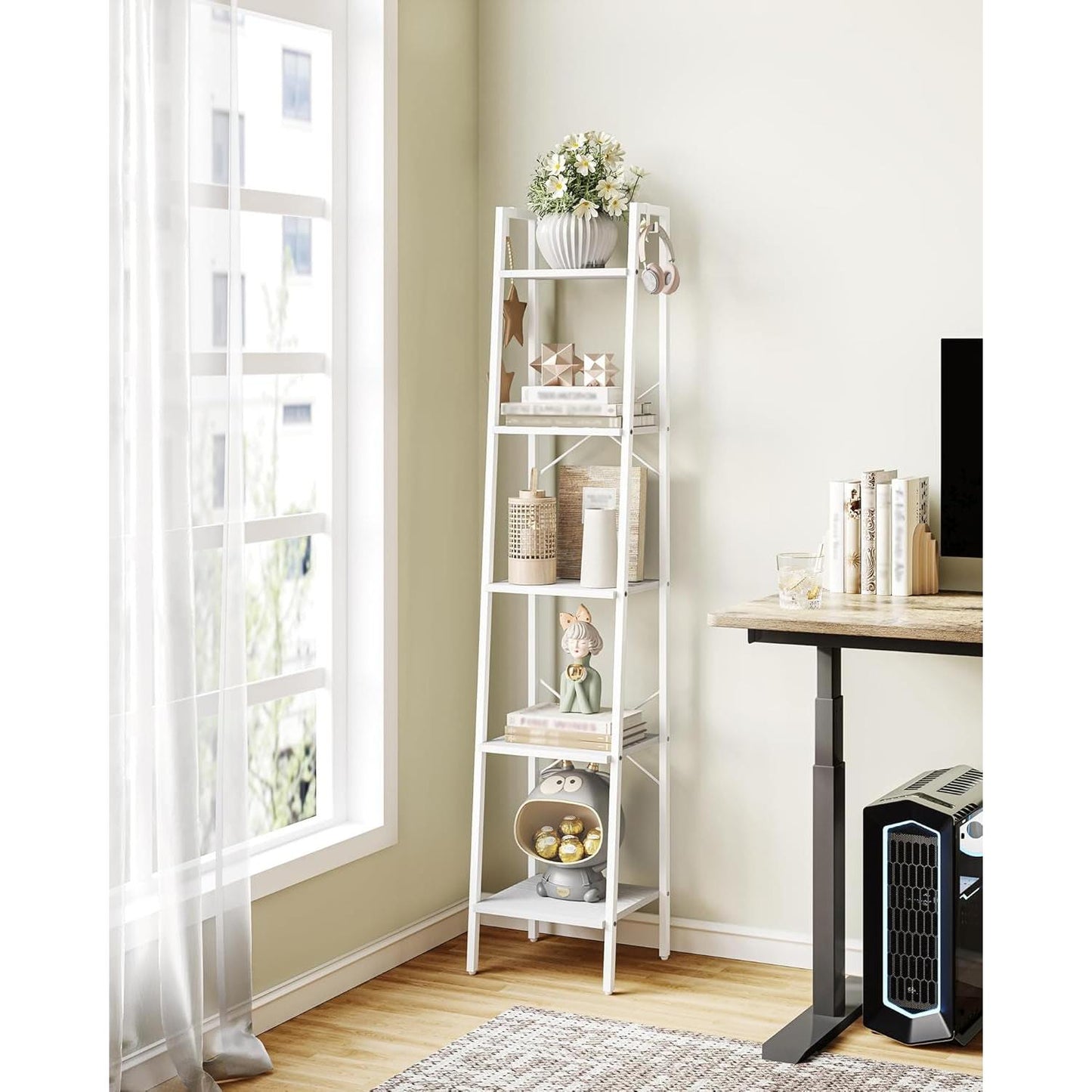 5 Tier White Ladder Shelf Bookcase With Two Hooks For Corner