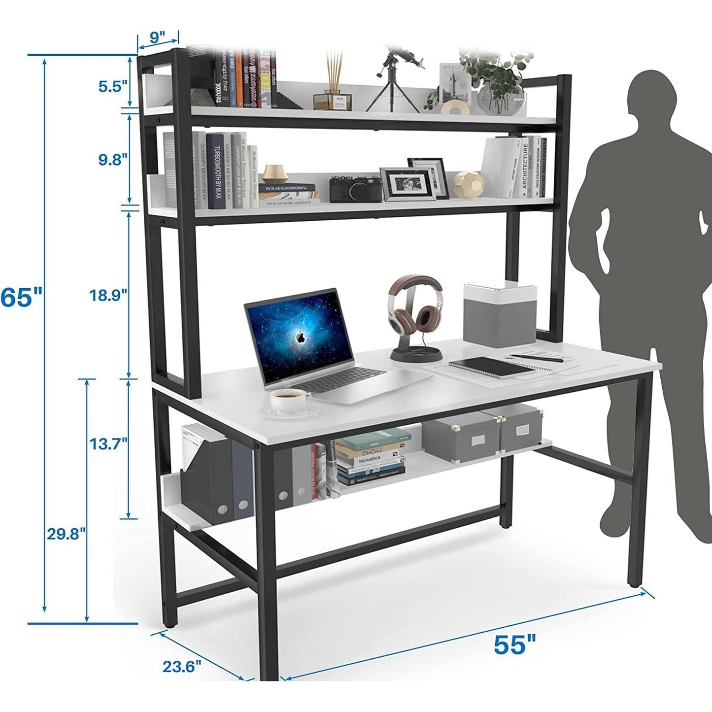 55 Inch Desk With Hutch And Bookshelf Open Shelves