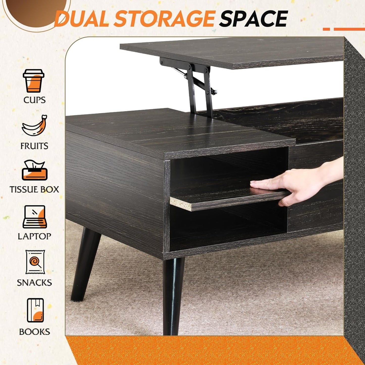 Wood Lift Top Coffee Table Hidden Compartment Charcoal