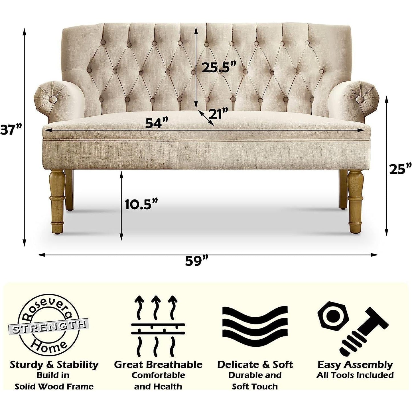 Warm Beige Tufted Linen Love Seat For Small Spaces with dimensions and features.