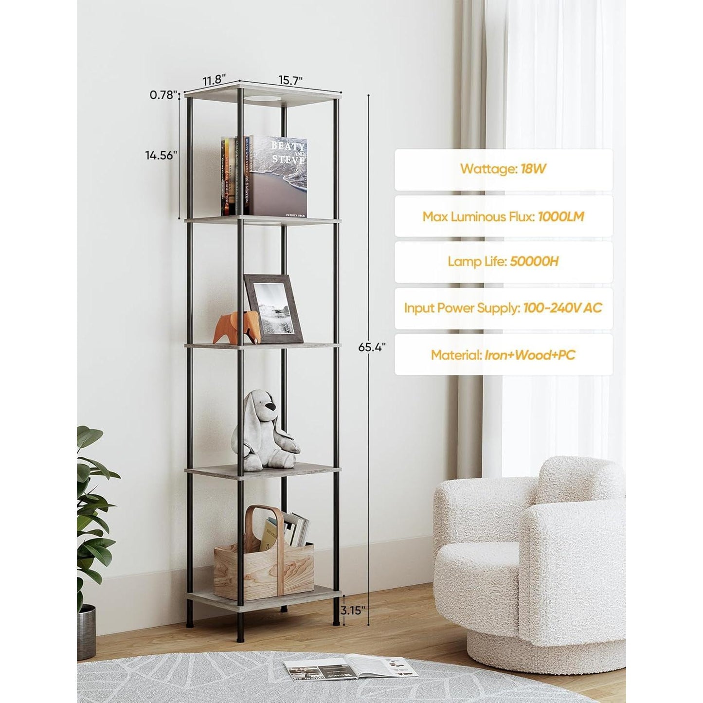Display Shelf Floor Lamp With RGBW Light Gray Five Tier