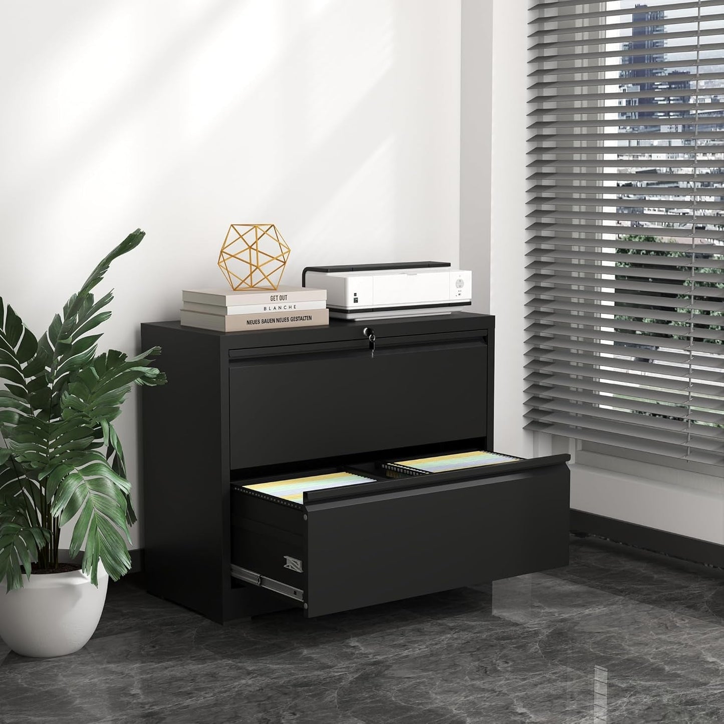 Black Lateral File Cabinet With Lock For Home Office